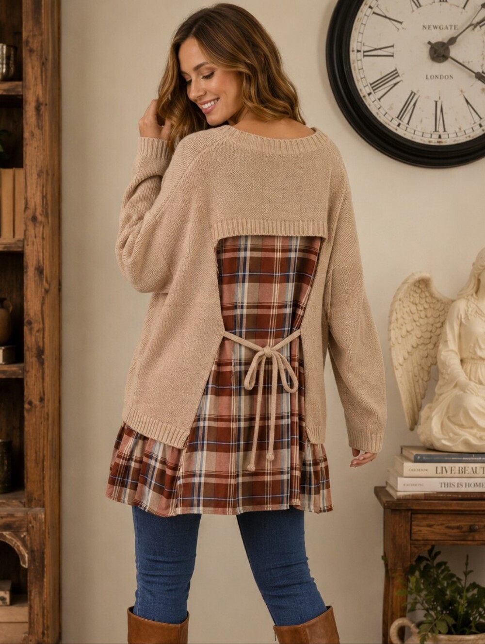 Entro Open Back Plaid Sweater Tie Back Knit Tunic Boho Western Taupe Medium